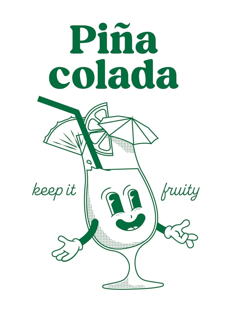 Pina Colada Cocktail Vintage Retro Cartoon Illustration In Green
