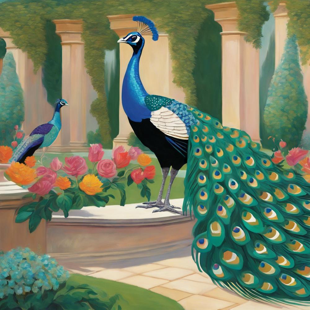 Peacocks in a Renaissance Garden Series. In Style of David Hockney 2