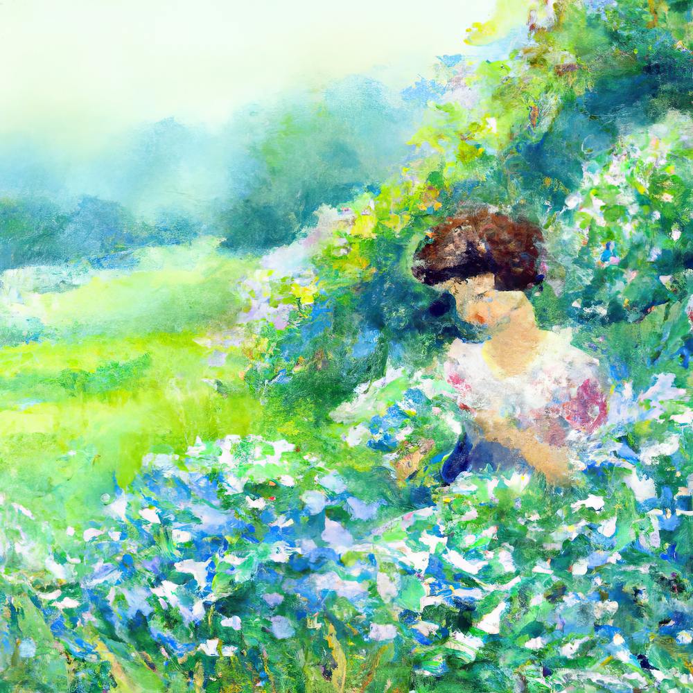 Watercolor Of Girl In Blue Flowers