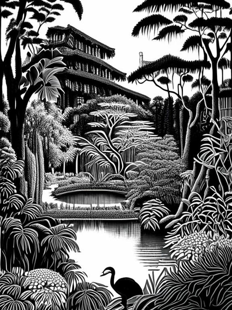 Shanghai Botanical Garden, China Linocut Black And White Vintage