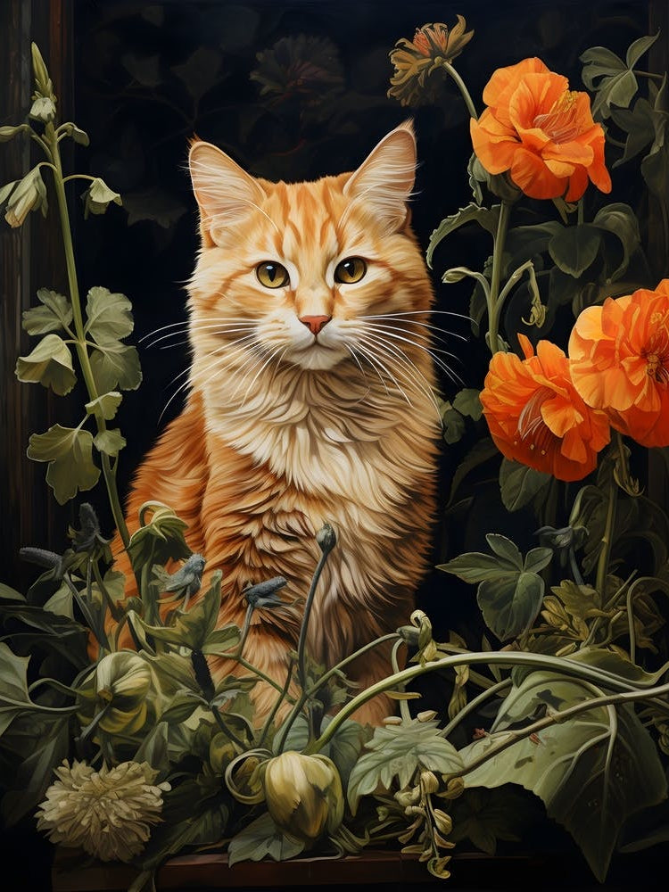 Contemporary Floral Cat On Windowsill 1