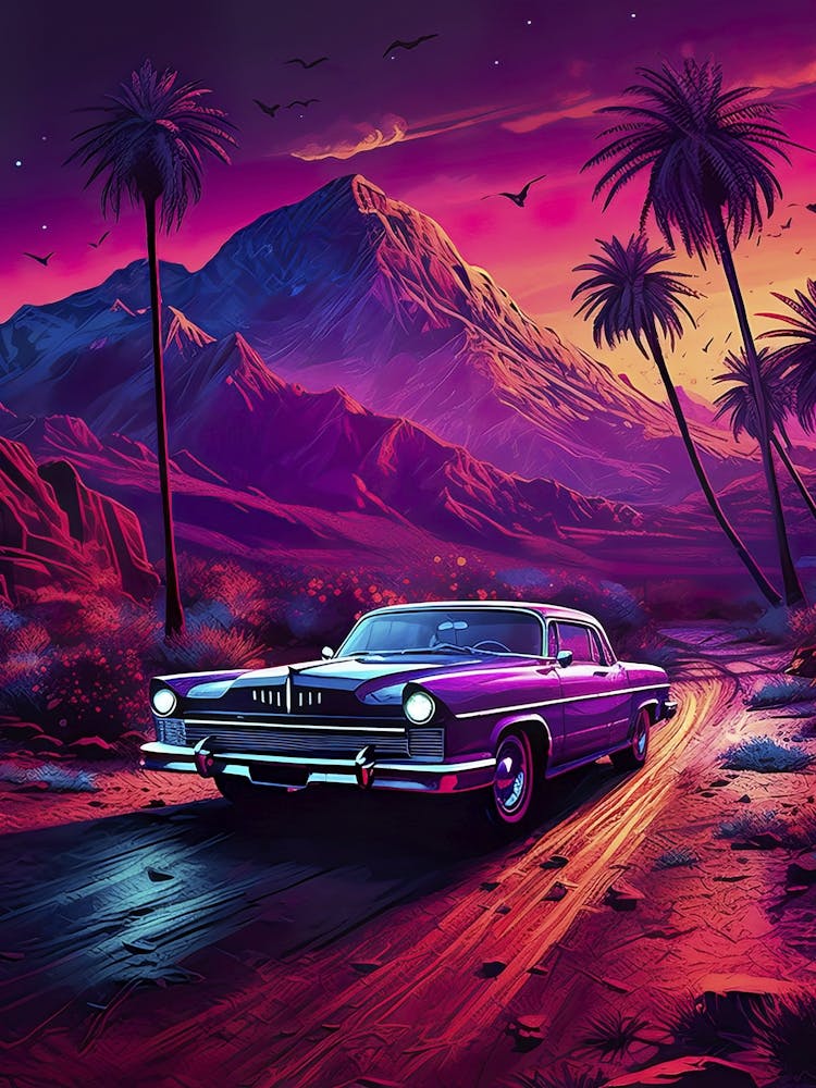 Synthwave aesthetic retro car, 60s car [synthwave/vaporwave/cyberpunk] — aesthetic poster, retrowave poster, vaporwave poster, neon poster