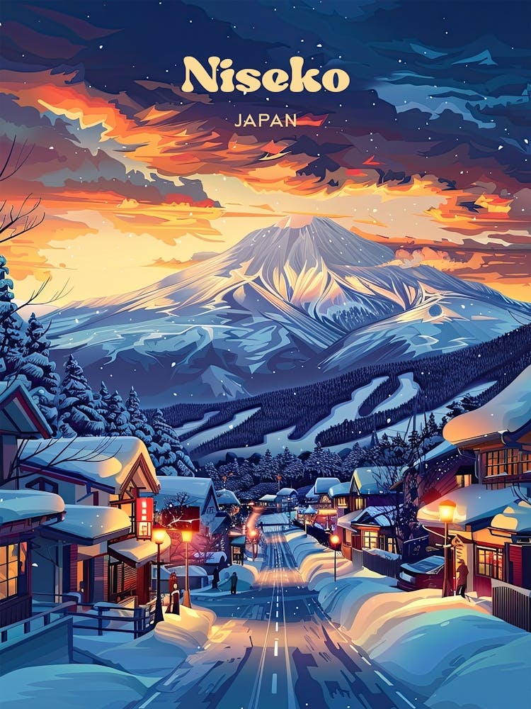 Niseko Japan Skiing Art Illustration