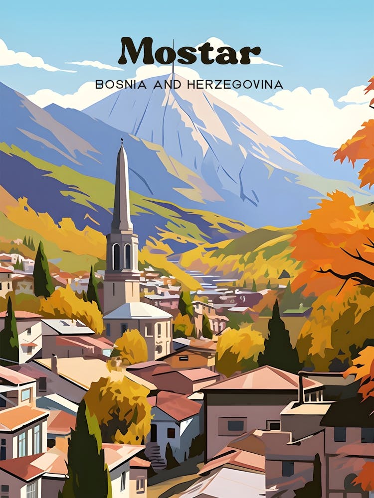 Mostar Bosnia and Herzegovina Europe Travel Art Illustration