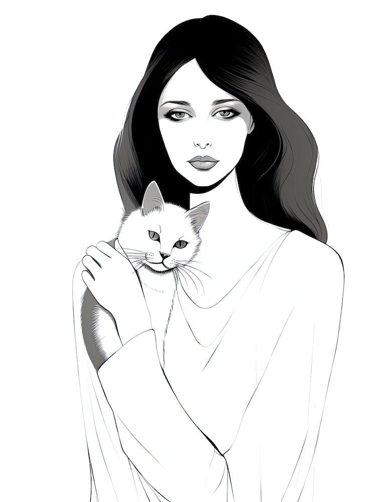 Girl With Cat,lineart