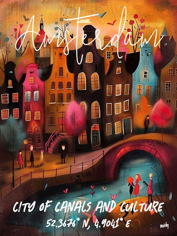Amsterdam, Stadt der Kanäle und Kultur, folkloristisches naives und skurriles Poster 1