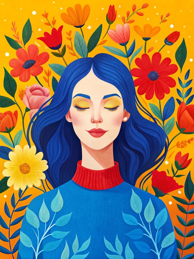 Woman With Blue Hair And Flowers