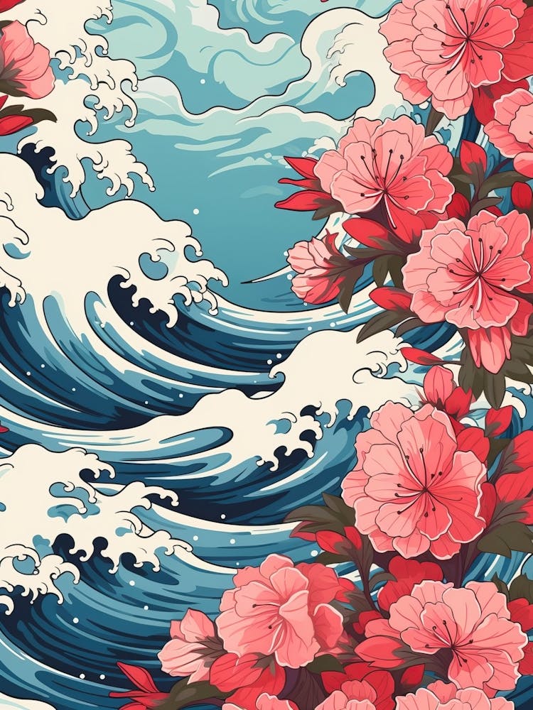Great Wave With Azalea Flower Drawing In The Style Of Ukiyo E 2