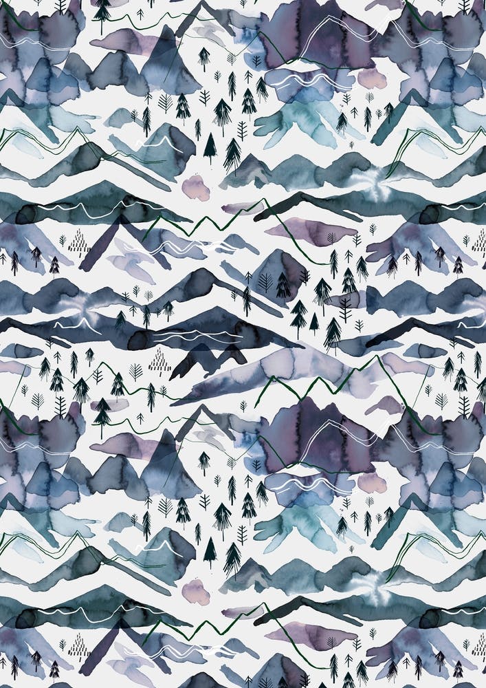 Watercolor Mountains Blue Mauve