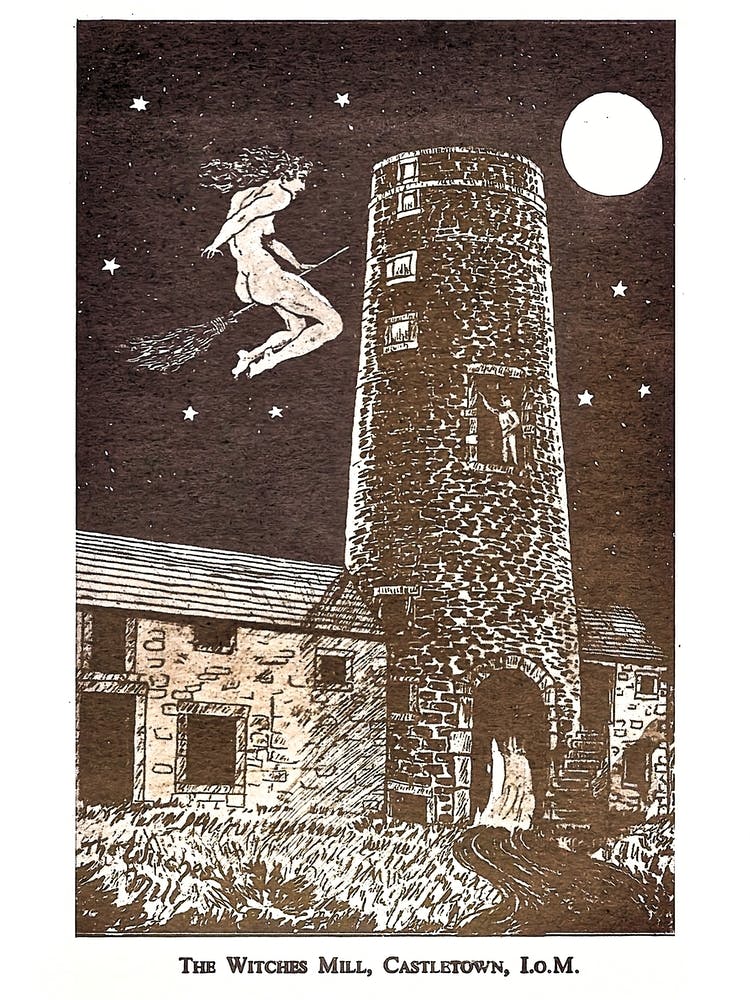 The Witches Mill Castletown The Isle of Man - Witches Pamphlet Artwork 1954 Gerald Gardner Wicca Witchcraft Museum Witch on a Broomstick Vintage Wiccan Pagan Witch Remastered HD