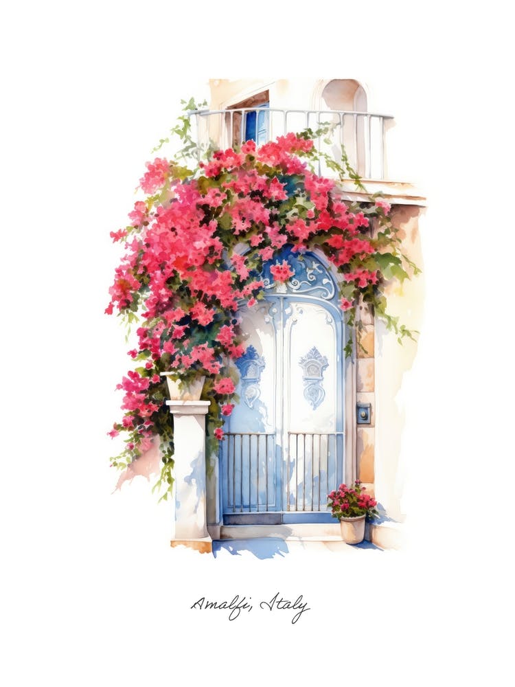 Amalfi, Italy   Mediterranean Doors Watercolour Painting 1 Poster