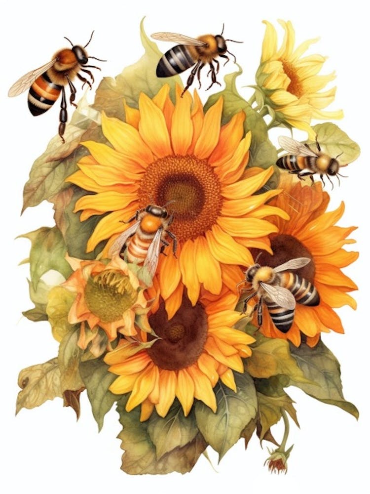 Sunflower Bee Beehive Watercolour Illustration 4
