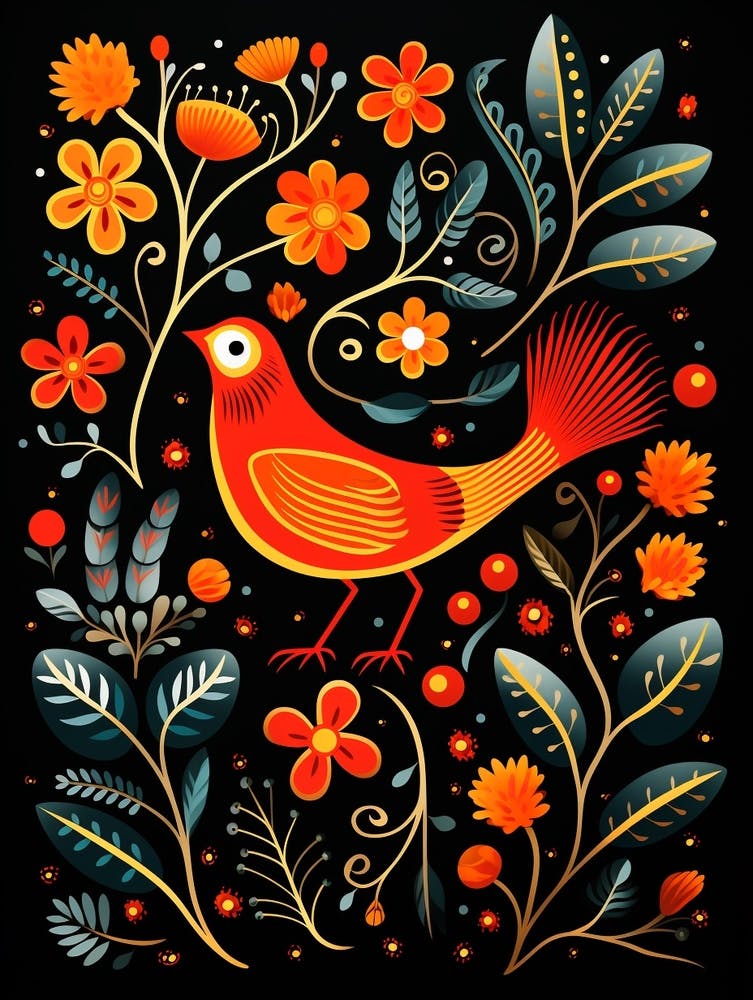 Folk Bird Illustration Blackbird 1
