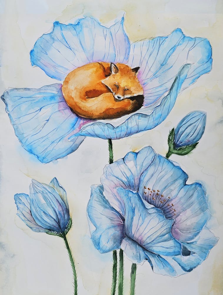 Fox With Blue Flower