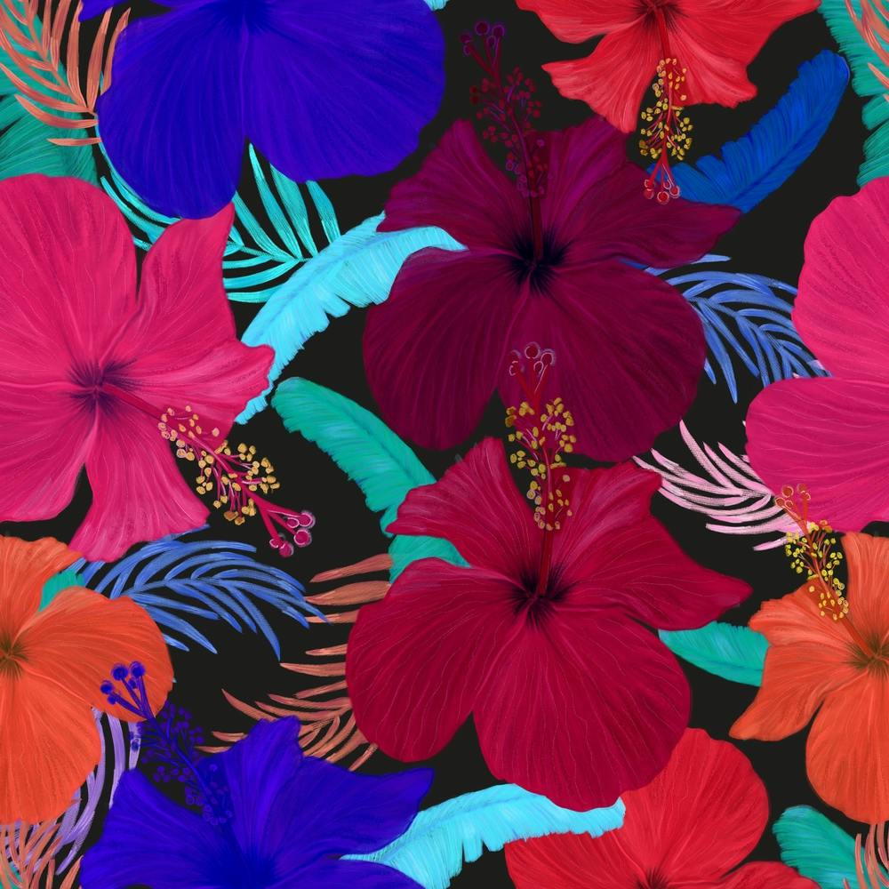 Cute Hibiscus And Tropical Leaves Vibrant Pattern Square
