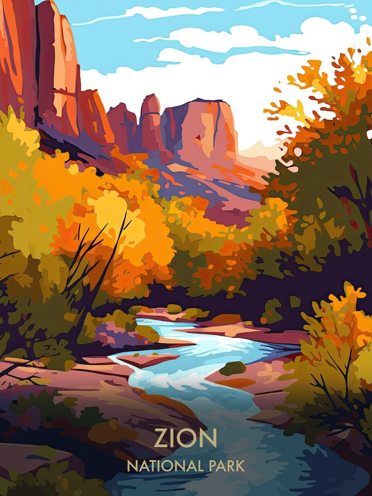 Zion National Park Travel Poster Illustration Style 2