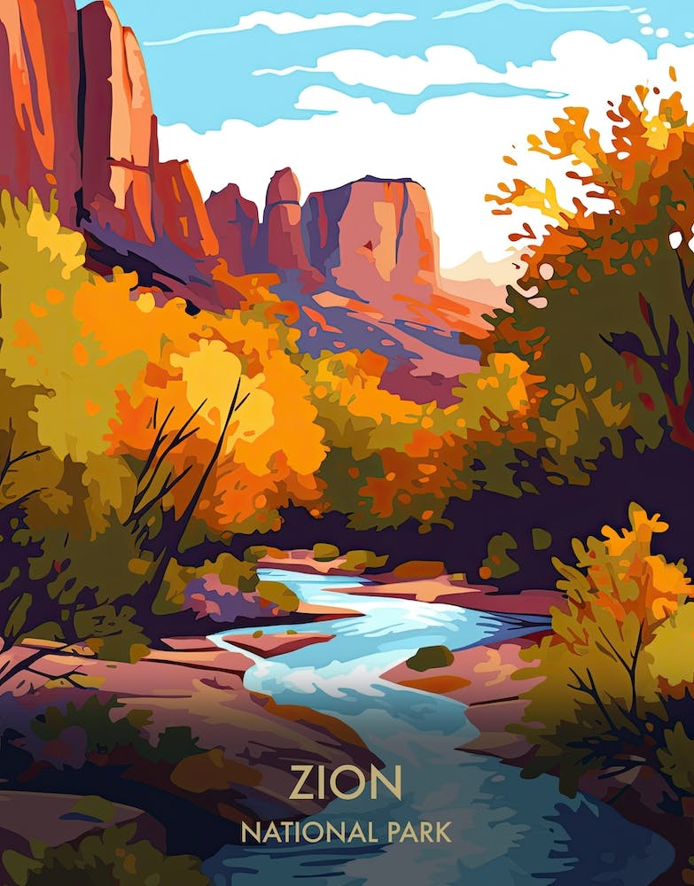 Zion National Park Travel Poster Illustration Style 2