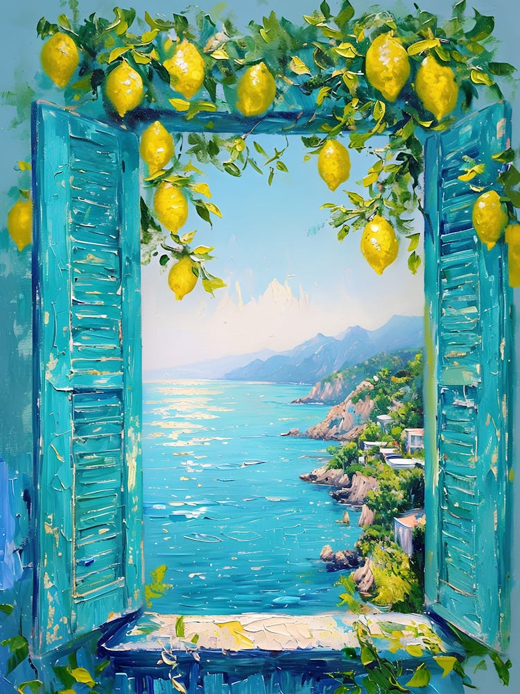 Mediterranean Coastal Lemon Tree Window View Wall Decor – Italian Seaside Landscape