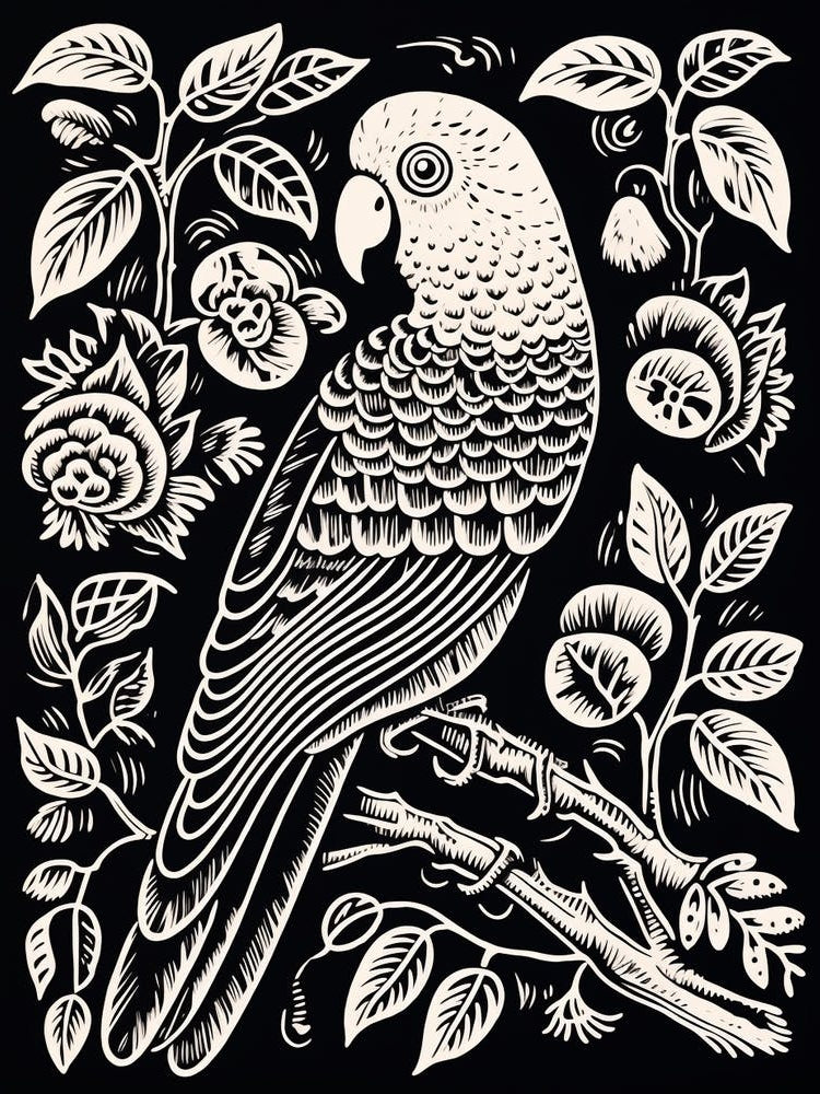 B&W Bird Linocut Parrot 1