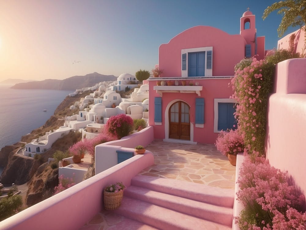 Pink House In Santorini