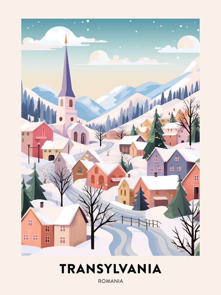 Vintage Winter Travel Poster Transylvania Romania 1
