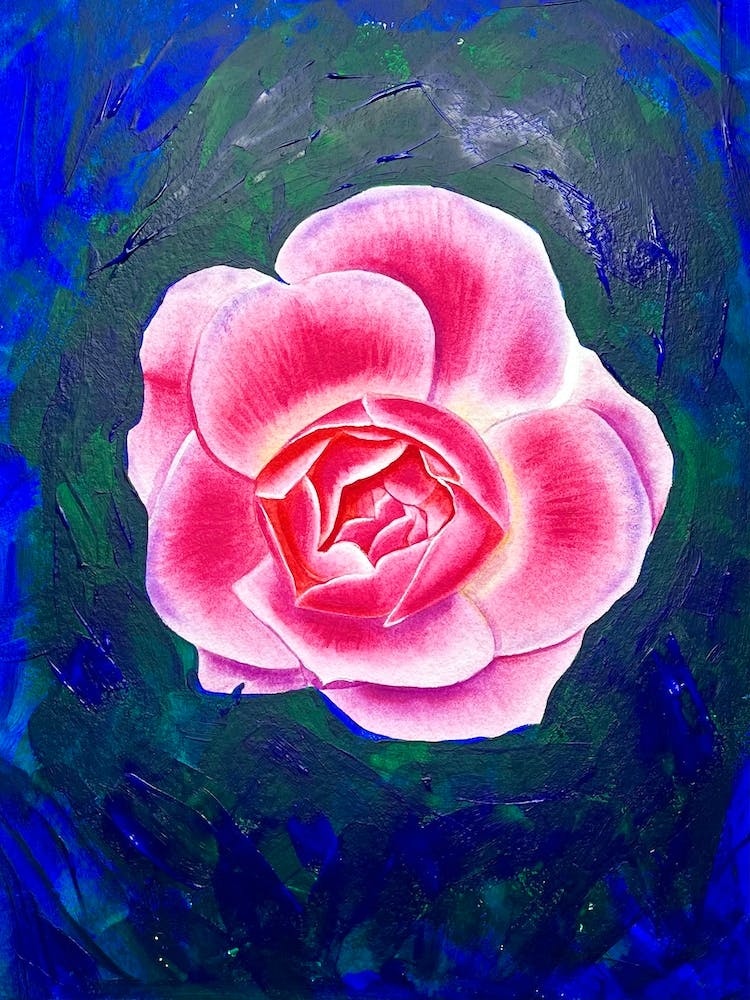 Pink rose on blue canvas