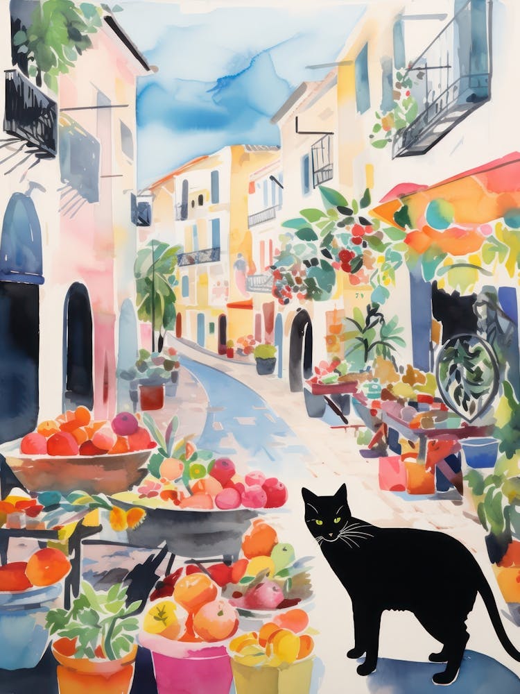 Food Market With Cats In Mallorca 4 Watercolour