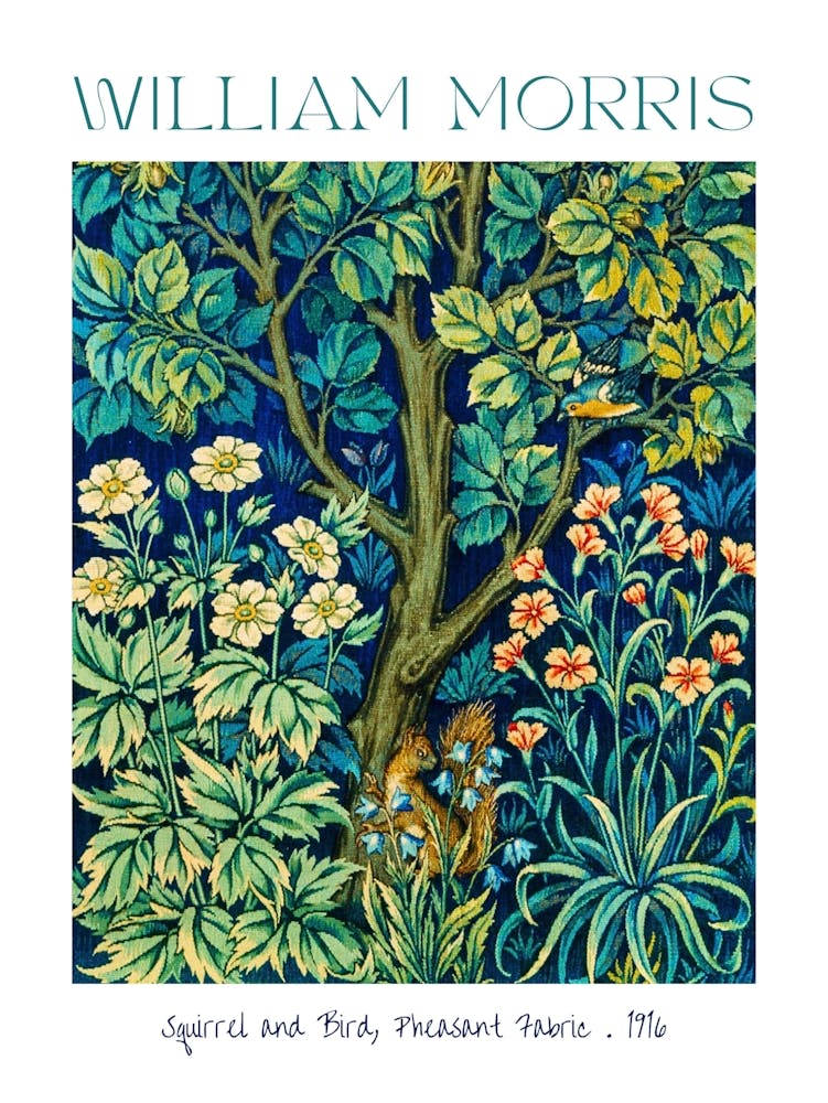 William Morris Textile Print - Squirrel and Bird from Cock Pheasant Floral Fabric 1916 - Genuine Artwork by Famous British Designer Botanical HD Remastered