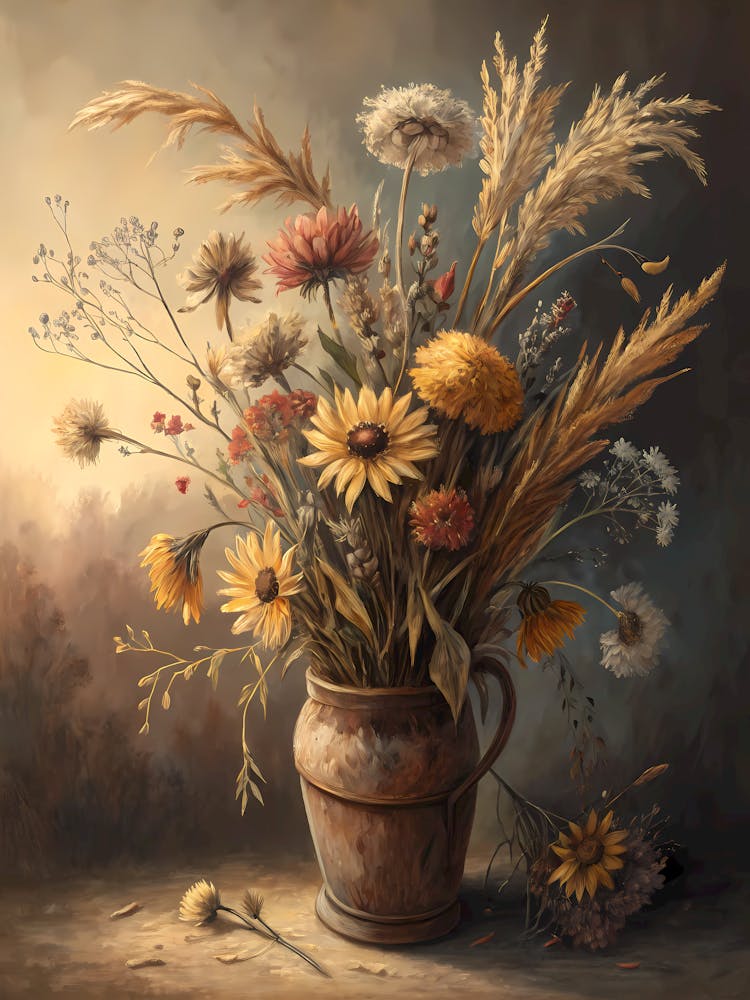 Dried Wildflower Bouquet Aesthetic Oil Painting Style