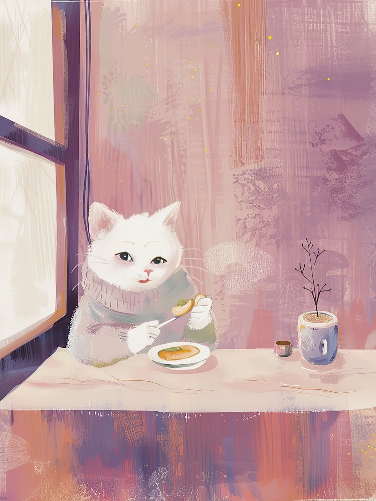 White Cat Having Breakfast Folk Illustration 4