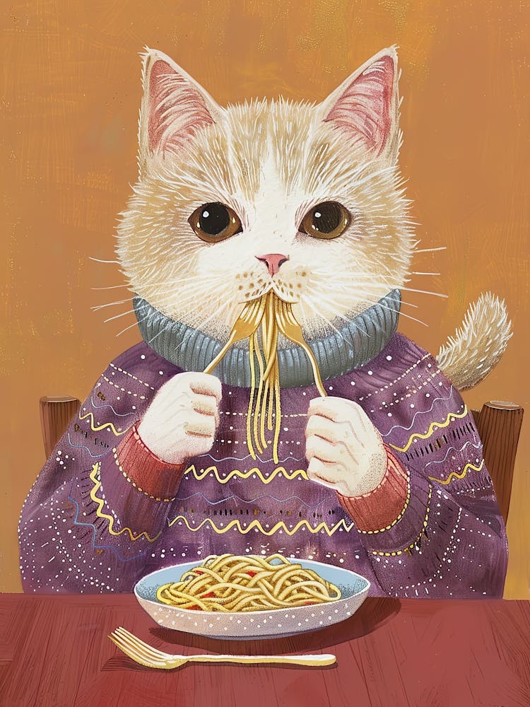 Cute Tan Cat Pasta Lover Folk Illustration 3