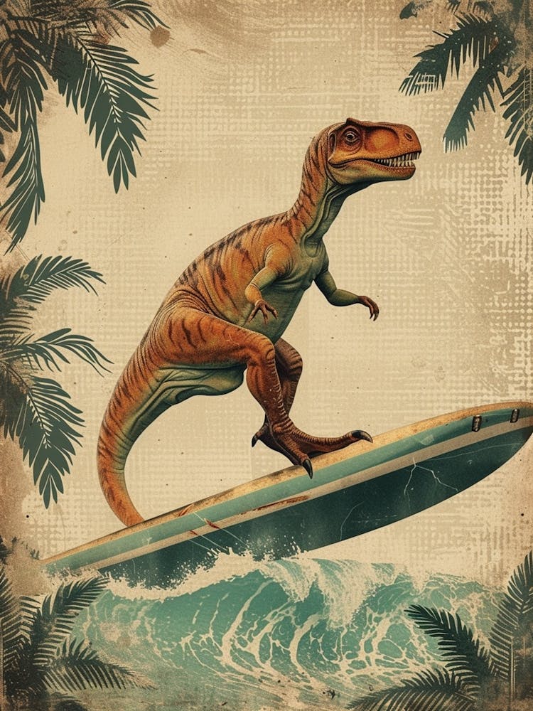 Vintage Heterodontosaurus Dinosaur On A Surf Board 2