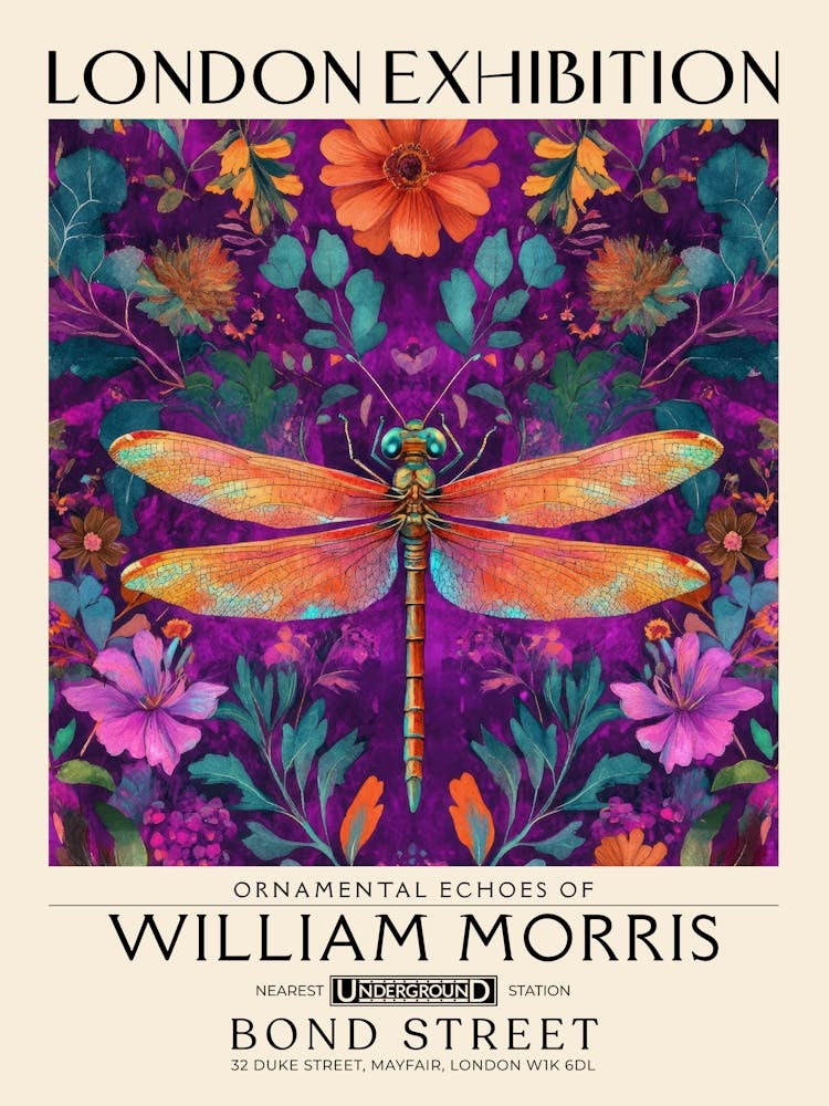 William Morris Dragonfly and floral artwork vibrant colors, insect and flower pattern Botanical vintage print, maximalist wall art living room boho decor, Floral tapestry Victorian style vintage decor