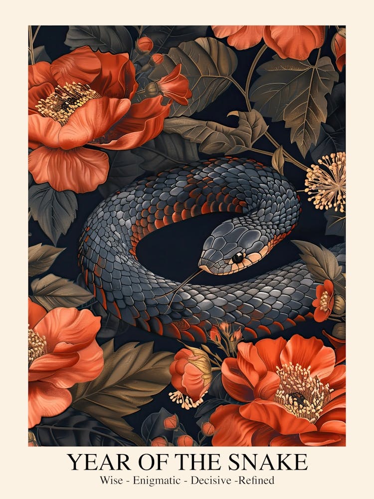 Mondjahr der Schlange 2025 Wandposter Gerahmte Schlangenkunst Chinesisches Sternzeichen Vintage Blau