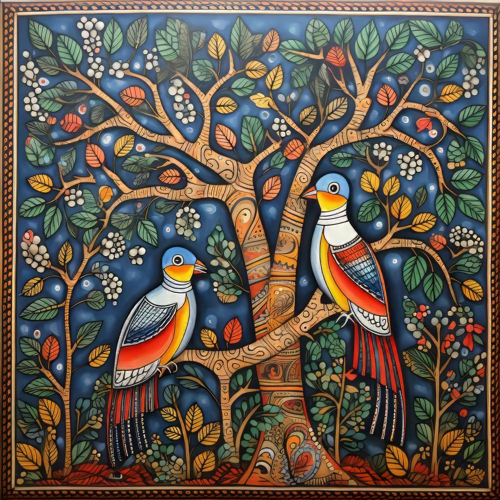 Oiseaux dans l'Arbre Peinture Madhubani Style Traditionnel Indien 1