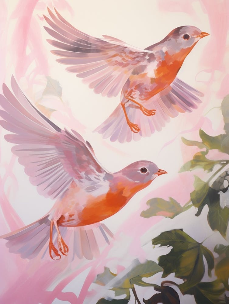 Pink Ethereal Bird Painting European Robin 3