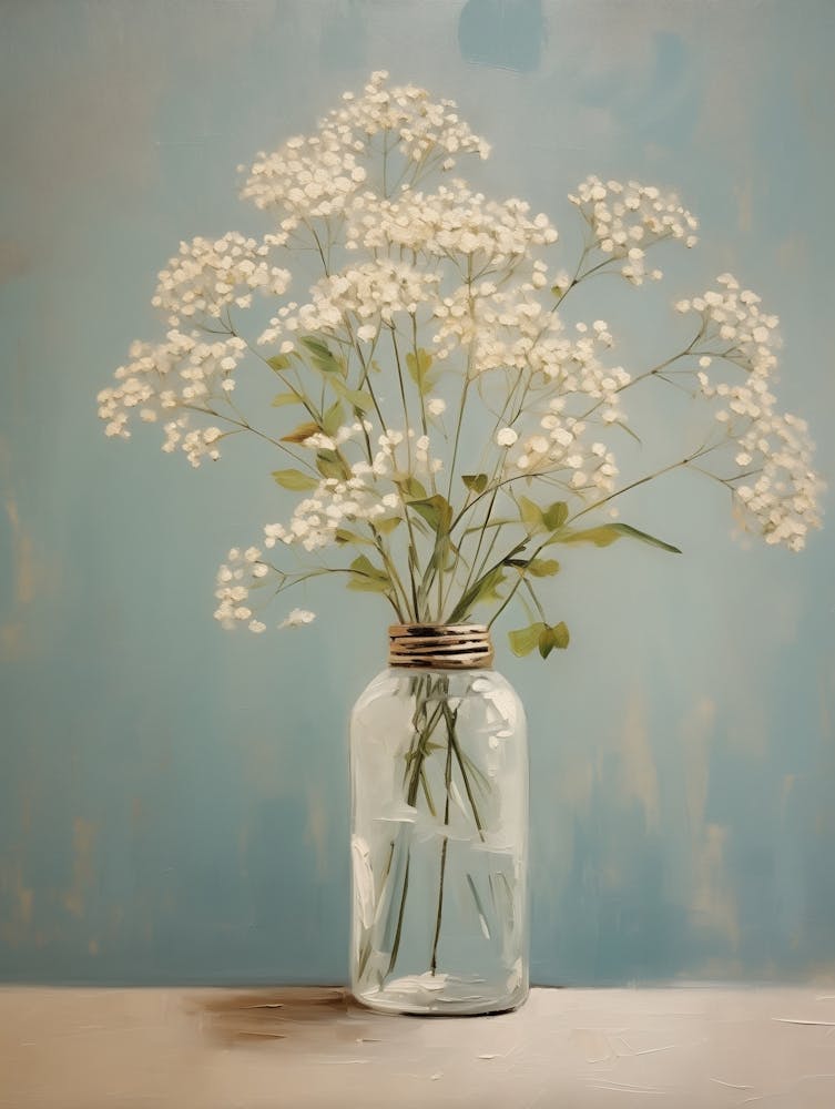 Ölgemälde Eines Einfachen Straußes Schleierkraut In Einer Vintage Glasflasche, soft Farben