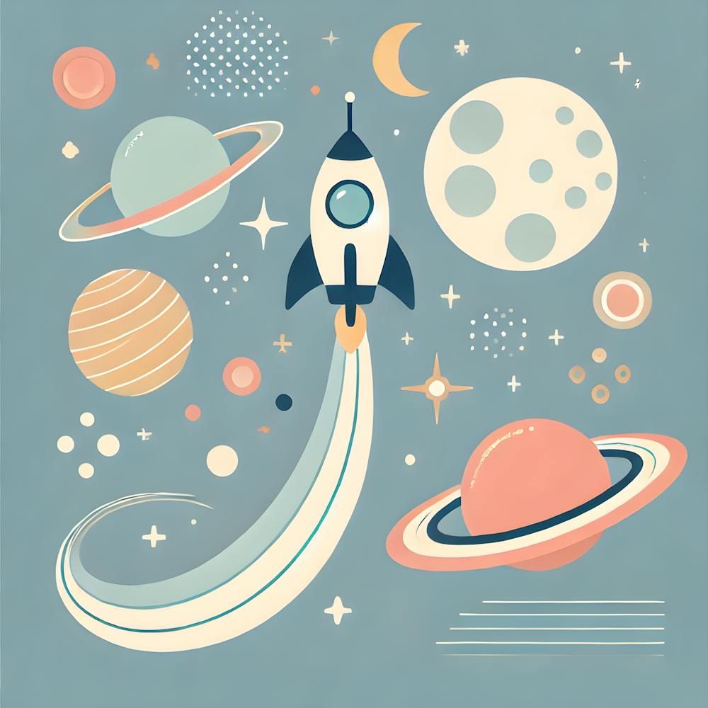 Minimalist Space Rocket & Planets Nursery Wall Art Solar System Print Kids Room Decor