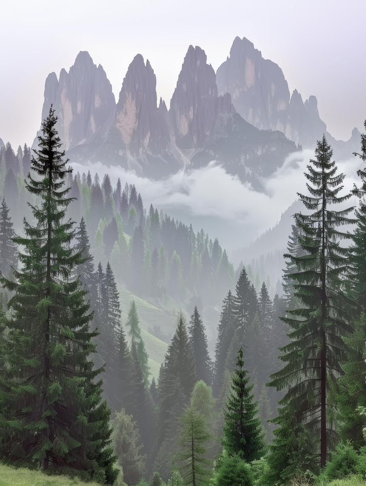 Dolomite Mountains In Fog