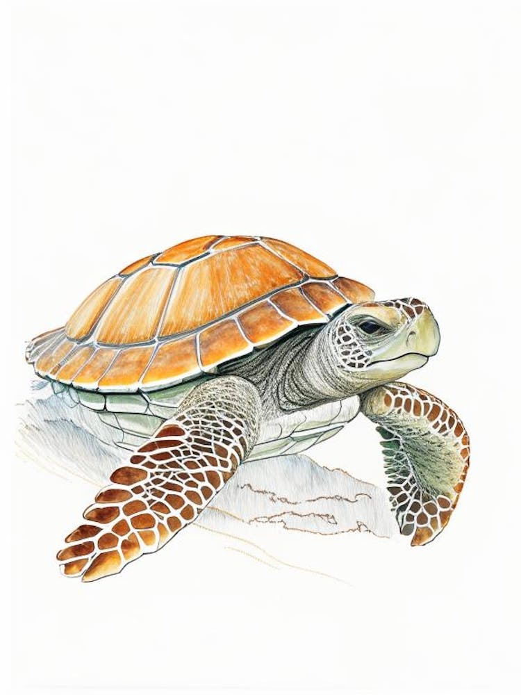 Loggerhead Sea Turtle (Caretta Caretta), Sea Turtle Pencil Illustration 1