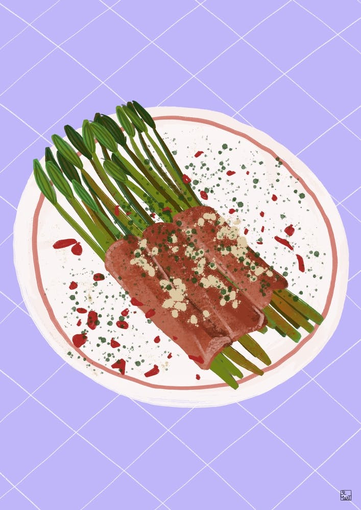 Wild Asparagus On Checkered Tablecloth