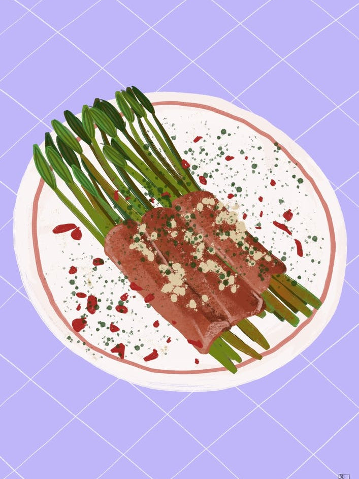 Wild Asparagus On Checkered Tablecloth