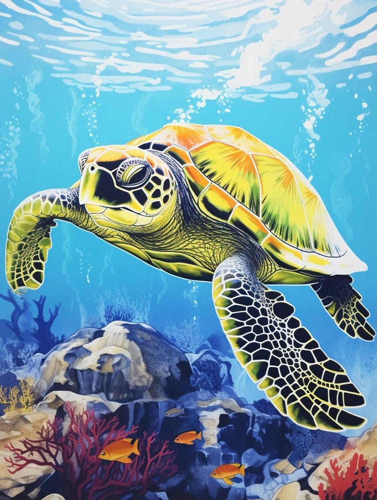 Sea Turtle In The Ocean Linograph Illustration 1