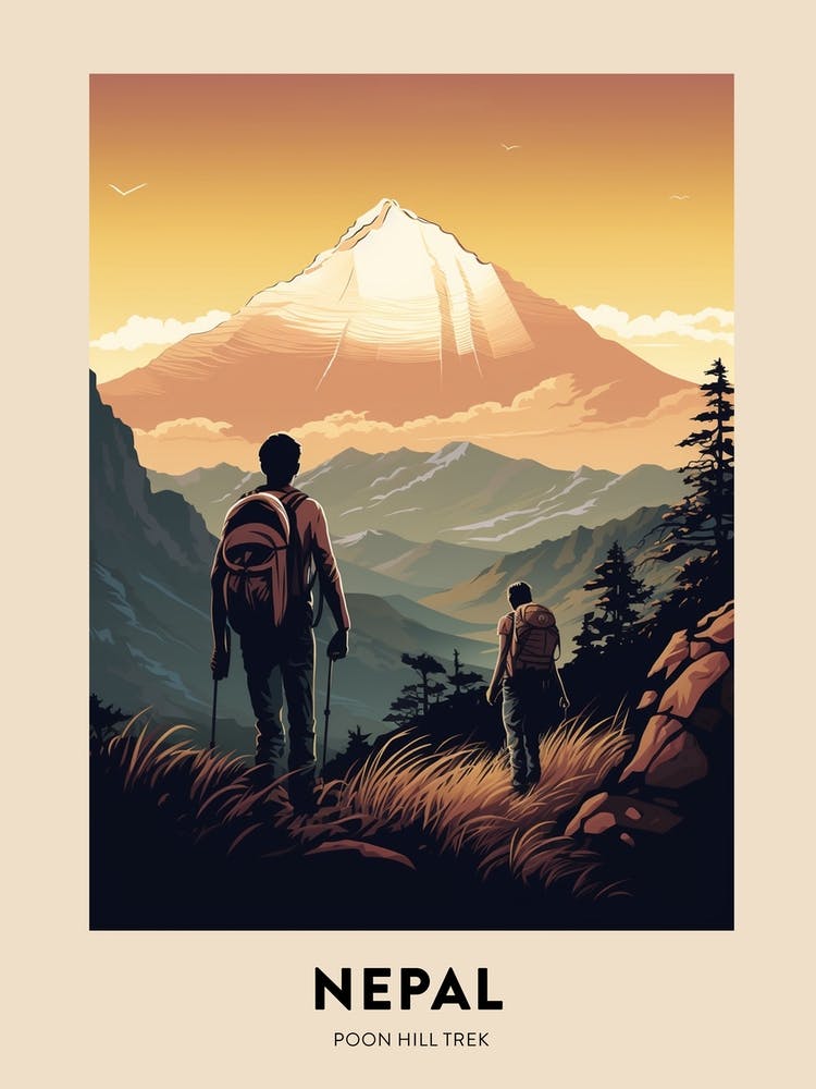 Poon Hill Trek Nepal 2 Vintage Hiking Travel Poster