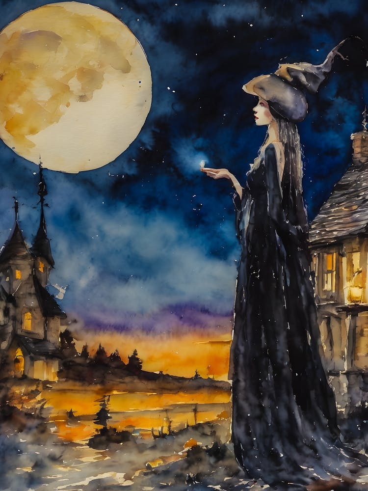 Witch Wishing Spell at Full Moon ~ Magical Fairytale Watercolour
