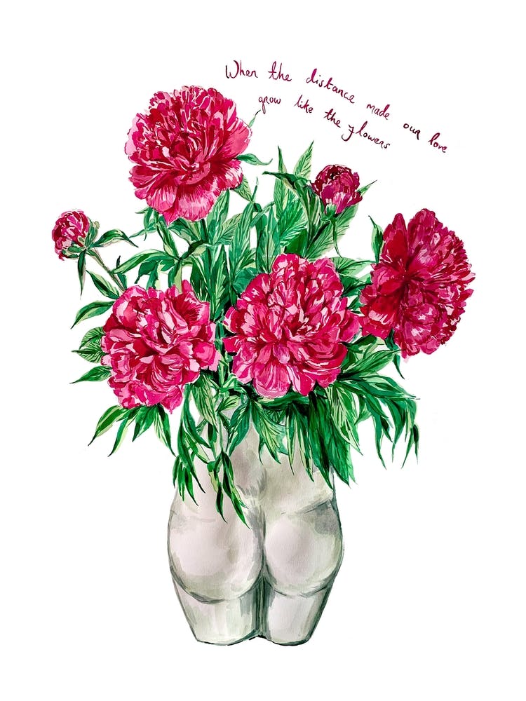 Peonies In Bum Vase On White With Slogan