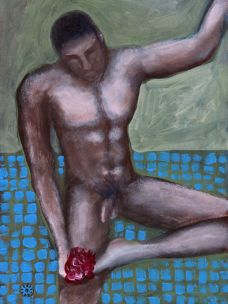 Naked Bather - male nude homoerotic gay art hand painted Anton Maliar man vertical full frontal nude