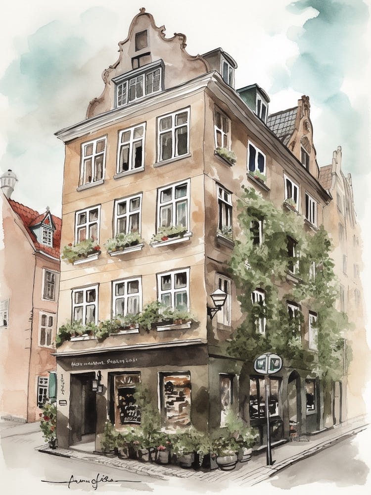 Norrebro Copenhagen Neighborhood, Watercolour 3