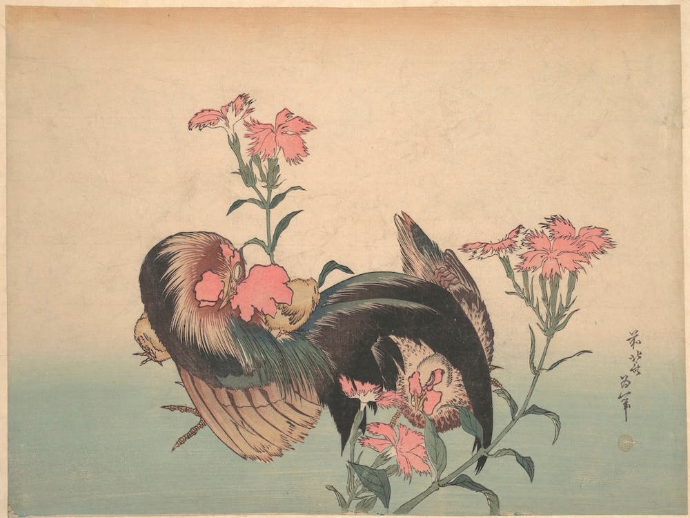 Cock, Hen, And Nadeshiko, Katsushika Hokusai