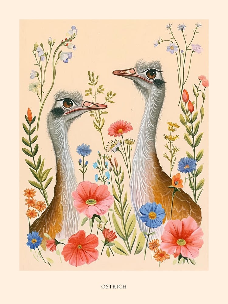 Folksy Floral Animal Drawing Ostrich Poster